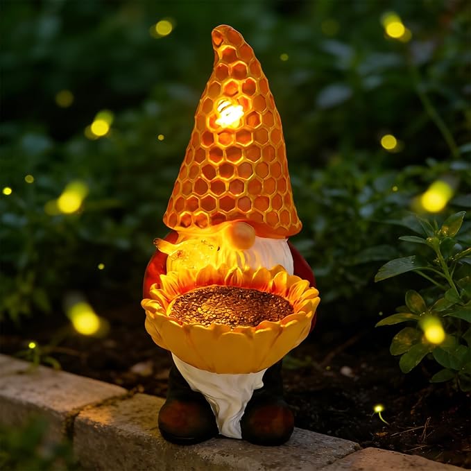 Solar Garden Gnome with LED Lights - Sunflower Garden Gnomes Outdoor, Gnomes Decorations for Yard, Patio, Lawn - Gift for Mom, Grandma, Gnome Gifts for Women, Garden Lovers