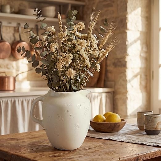 Potchen Rustic Kitchen Utensil Holder with Handle,7.48" H Ceramic Vintage Utensil Crock for Countertop, Farmhouse Kitchen Decoration Ceramic Pot for Spatulas Spoons Tongs(Novelty,Antique Cream)