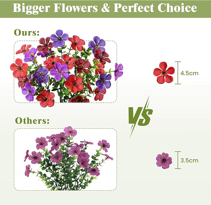 Alupssuc 20 Bundles Artificial Flowers for Outdoor Indoor Decoration, UV Resistant No Fade Fake Plants Eucalyptus, Colorful Faux Spring Flowers for Outside Yard Porch Patio Garden Home Window Box