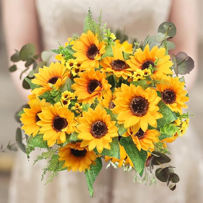 AmyHomie Artificial Sunflowers for Outdoors - 2 Bunches Fake Sunflower Bouquets with 14 Large Blooms, UV Resistant Silk Flowers for Home Wedding Fall Decor, Garden Party Centerpieces, 17.7 Inches