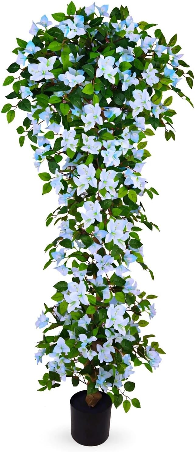 Artificial Bougainvillea Tree -6FT Faux Bougainvillea Tree with Realistic Flowers, Tall Fake Flower Tree for Indoor or Outdoor Decor, Silk Floral Plant for Living Room, Porch, Garden (Blue/White)