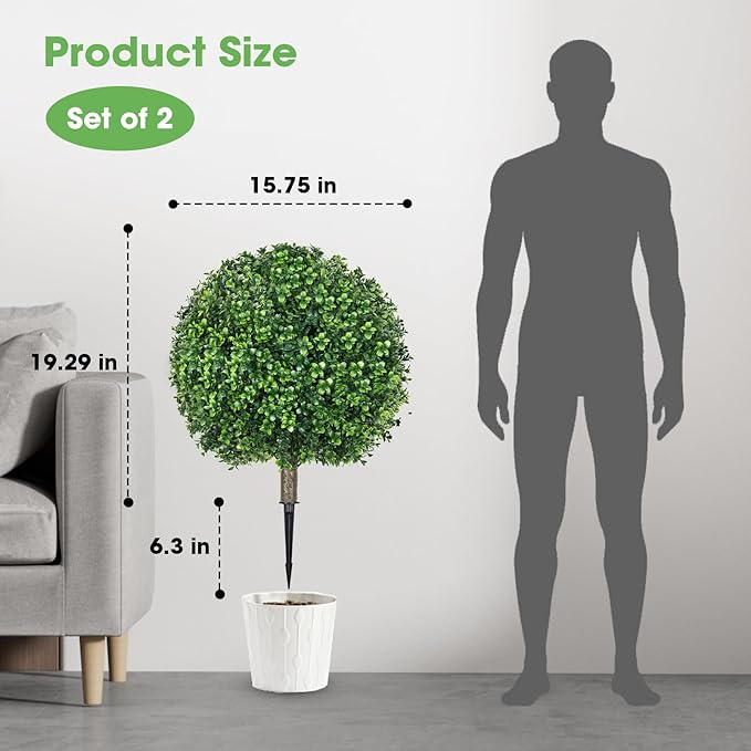 25.6" Artificial Boxwood Topiary Ball Trees: 2 Pack Fake Shrubs with Spike – UV Resistant & Fade Resistant Faux Bushes, Evergreen Spring Artificial Plants for Outdoor Indoor Front Porch Garden