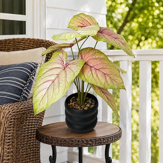 16'' Fake Plant Tall Artificial Caladium Plants Indoor with Black Planter Design, for Home Living Rooms Patios Porches Bathrooms Outdoor Decor (Red)