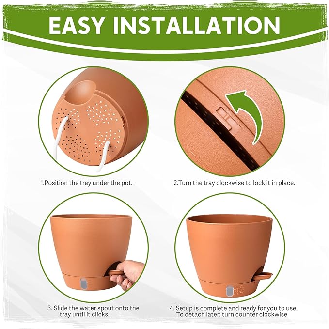 Self Watering Pots for Indoor Plants (5/5.5/6/6.5/8 Inch), Terra Cotta Planters with Water Level Indicator & Drainage,Wicking Pots for Monstera, Herbs & Snake Plant (Terra Cotta, 5/5.5/6/6.5/8 Inch)
