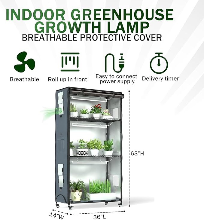 Indoor Orchid Greenhouse with Grow Lights, 4-Tier Plant Stand with 3 Full Spectrum T8 Grow Lights, Timer, Thermometer, Ventilation & Wheels, Smoked PVC Cover for Orchid Care and Indoor Gardening