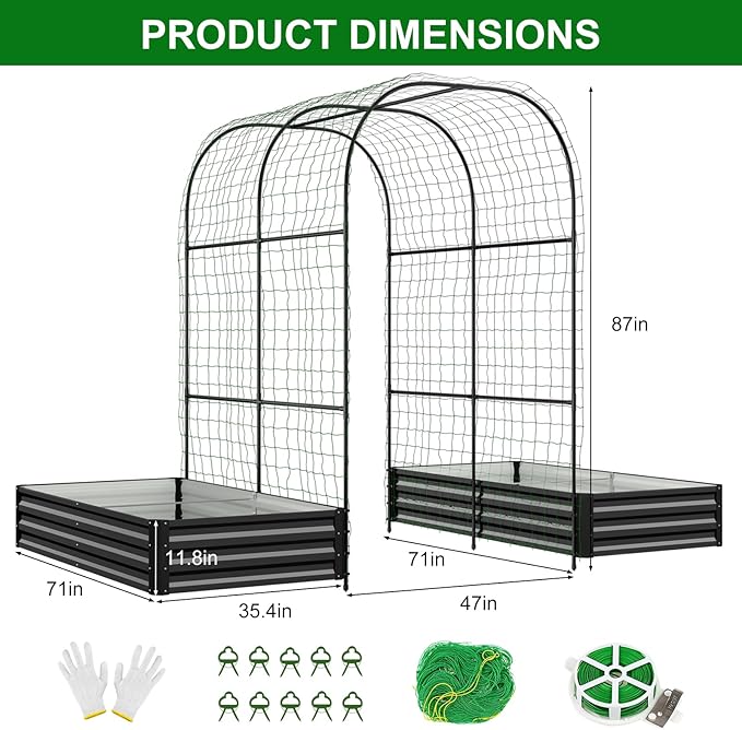 SUNYRISY Galvanized Raised Garden Bed with 87" H Arch Trellis for Climbing Plants Outdoor, Large Metal Planter Box with Netting for Gardening Flowers Vegetables Fruit, Black
