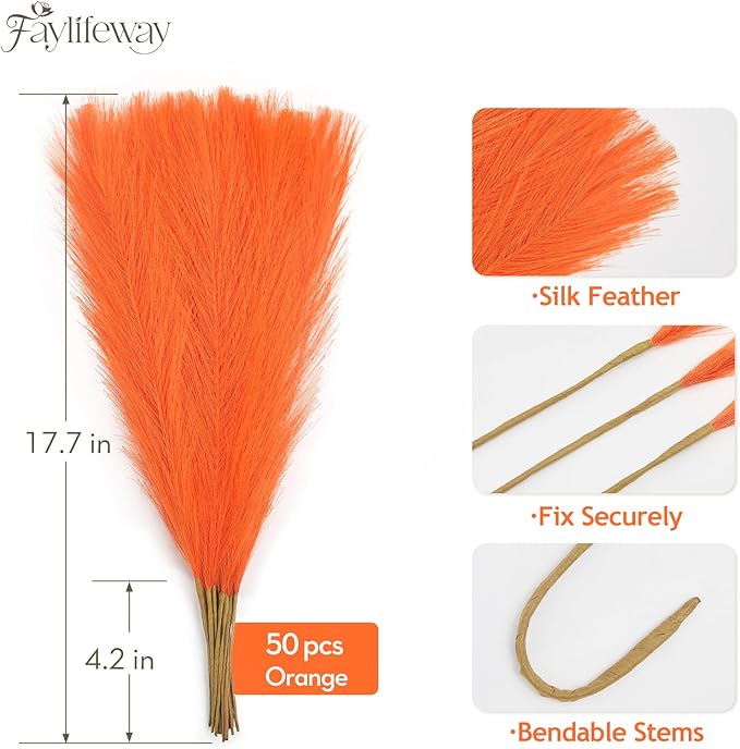 50PCS Light Orange Pampas Grass Decor, 17" Fluffy Small Pampas Grass for Vase Filler, Home Wedding Wall Table Party Decoration