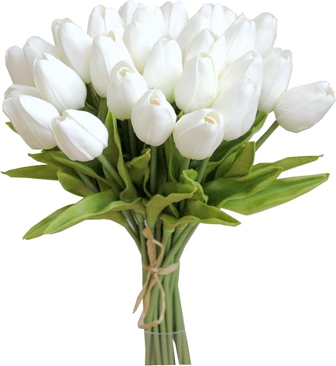 Mandy's White Artificial Tulips Flowers Centerpiece, 13.5" Lifelike PU Fake Floral Stems 28pcs for Kitchen Island & Dining Table, Spring Decor for Easter