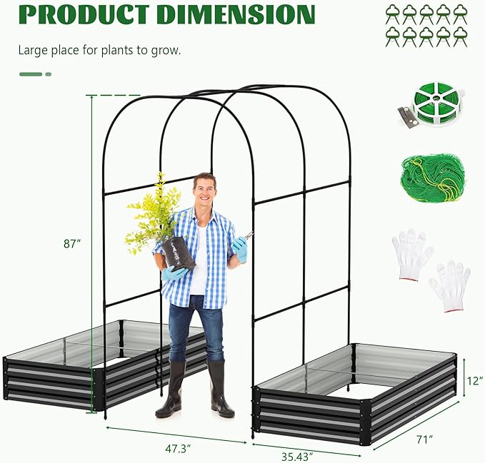 3 in 1 Galvanized Raised Garden Bed with 87" H Arch Trellis for Climbing Plants, Outdoor Gardening Planter Box with Climbing Net for Flower Vegetables Fruits Herbs, Black