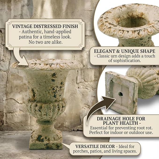 9 Inch Small Retro Urn Planter - Vintage Distressed Tabletop Flower Pot for Indoor Plants, Office Desk, Living Room Shelf & Patio Decor