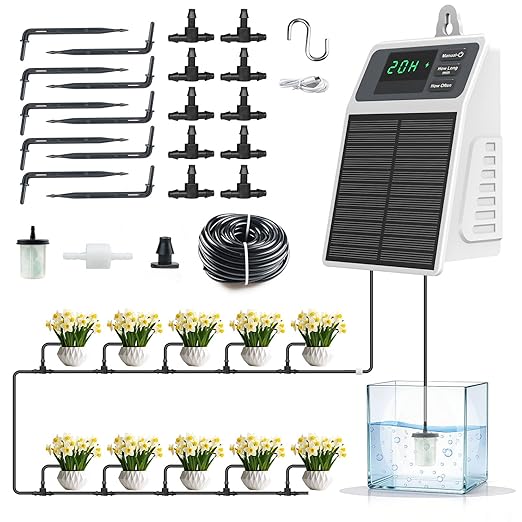 Automatic Solar drip Irrigation System (Solar/USB-C Dual Power), DIY Solar Watering System with Programmable Timer for 10 Potted Plants, IPX5 Auto Watering Kit for Indoor, Balcony, Garden & Vacation