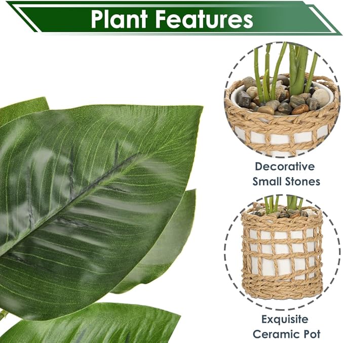 Briful Fake Plants Potted Plant Artificial Realistic Houseplant in White Ceramic Vase Wrapped Woven Pot, Fern Faux Plant Indoor for Home Farmhouse Wedding Tabletop Shelf Decor