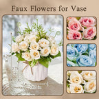 Artificial Flowers Fake Roses with Small Ceramic Vase - Desktop Decoration for Dining Tables, Living Rooms, Bedrooms, Offices for Weddings, Birthdays, Home Decor (White)