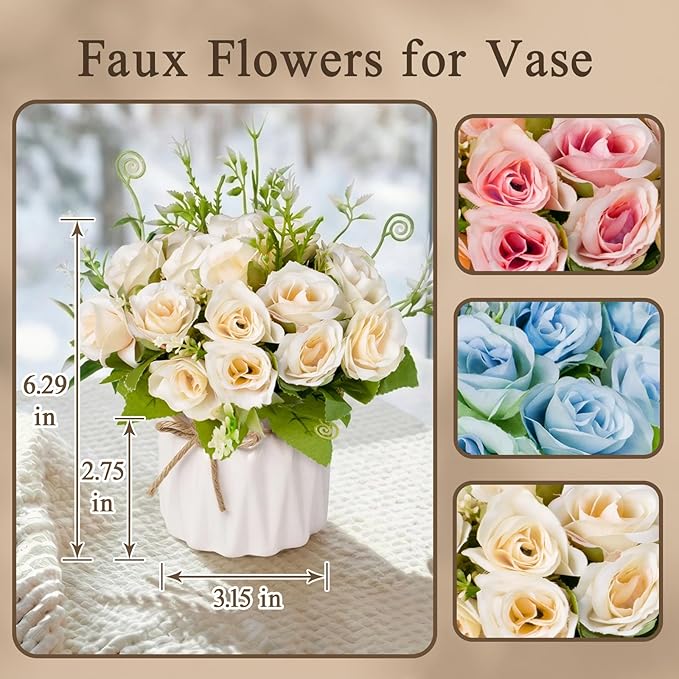 Artificial Flowers Fake Roses with Small Ceramic Vase - Desktop Decoration for Dining Tables, Living Rooms, Bedrooms, Offices for Weddings, Birthdays, Home Decor (White)