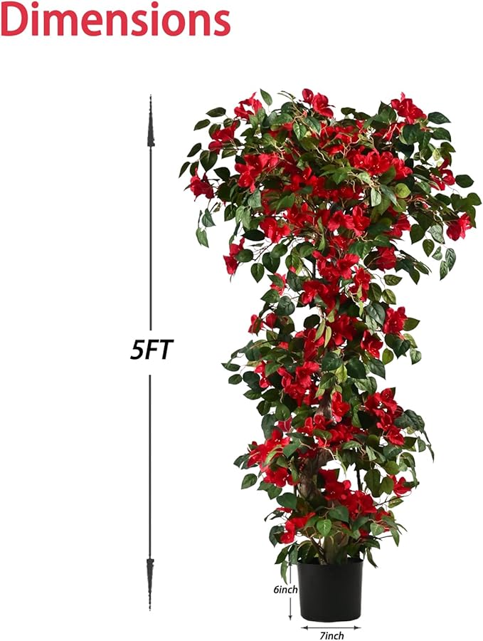 Artificial Bougainvillea Tree -5FT Faux Bougainvillea Tree with Realistic Flowers, Tall Fake Flower Tree for Indoor or Outdoor Decor, Silk Floral Plant for Living Room, Porch, Garden (Red)