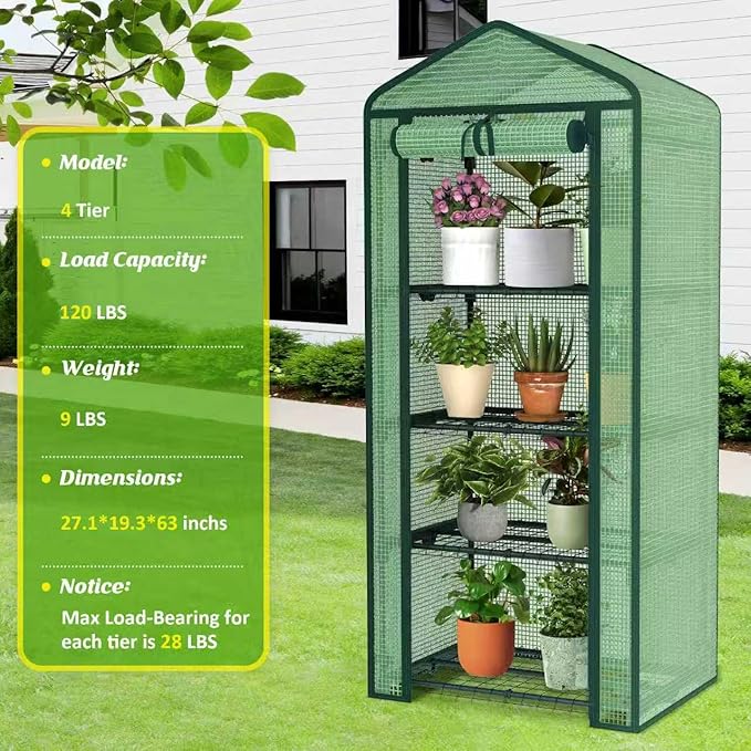 AlisisFores 4-Tier Mini Greenhouse Indoor Outdoor with Shelves, Portable Small Green House for Plants with Durable PE Cover & Zipper Door for Seed Starting, Balcony, Patio Garden