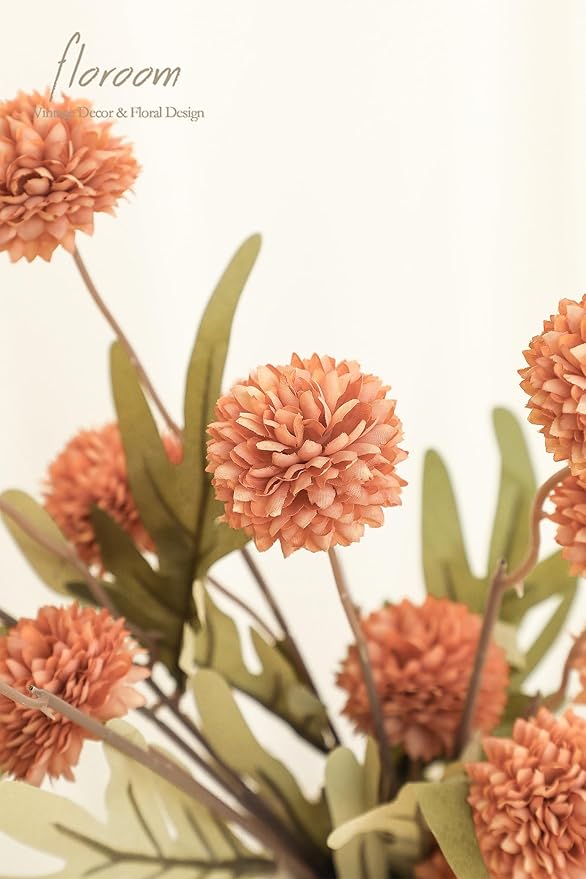 Floroom 5pcs Burnt Orange Faux Silk Mums Artificial Flowers, Bulk Fake Small Mini Chrysanthemums with Stems for DIY Wedding Centerpieces Floral Arrangements Vase Fillers Home Decorations