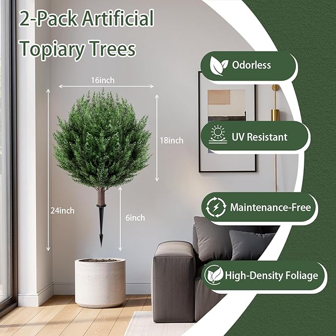 2 Pack 2FT Artificial Cedar Topiary Trees with Ground Spike, Fake Pine Shrubs Bushes, UV Resistant Faux Evergreen Cypress Tree Plants for Indoor Outdoor Planters Front Porch