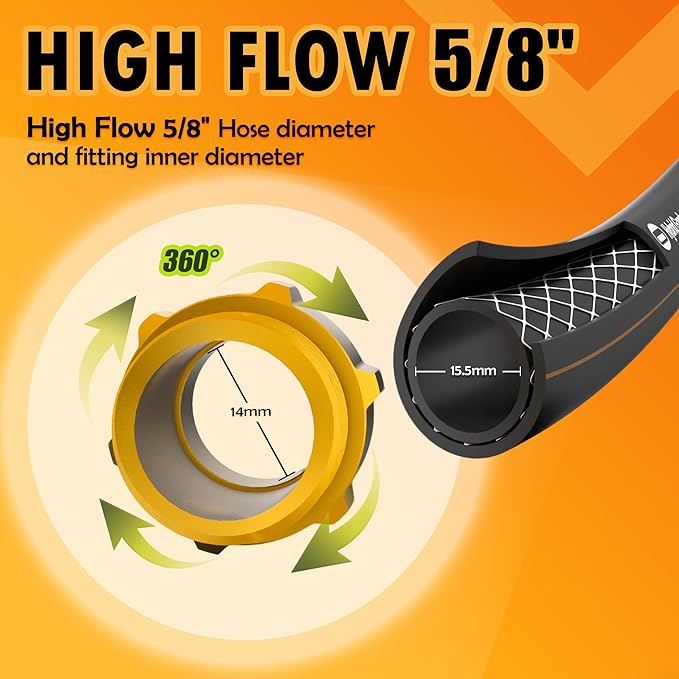 5/8 in. × 10 ft. High Flow Heavy Duty Garden Hose Flexible Hybrid Rubber Water Hose, No Memory Durable Premium Water Hose Leader Hose for Watering, Irrigation, Water Transfer Pump