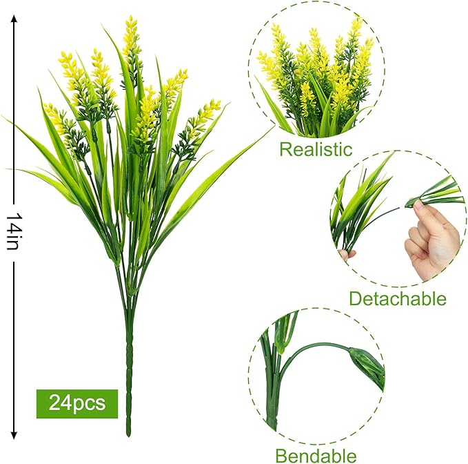 Bassion 24 Bundles Artificial Flowers for Outdoors, Fake Lavender Flowers with Monkey Grass UV Resistant Plastic Faux Plants for Outside Hanging Planter Window Box Garden Patio Front Porch Home Decor