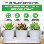 Plexon Herb Planter Indoor Garden Set of 3 with Tray, Metal Herb Pots for Indoor Plants, Round Kitchen Garden Kit Ideal for Windowsill Planter or Countertop, White Powder Coated