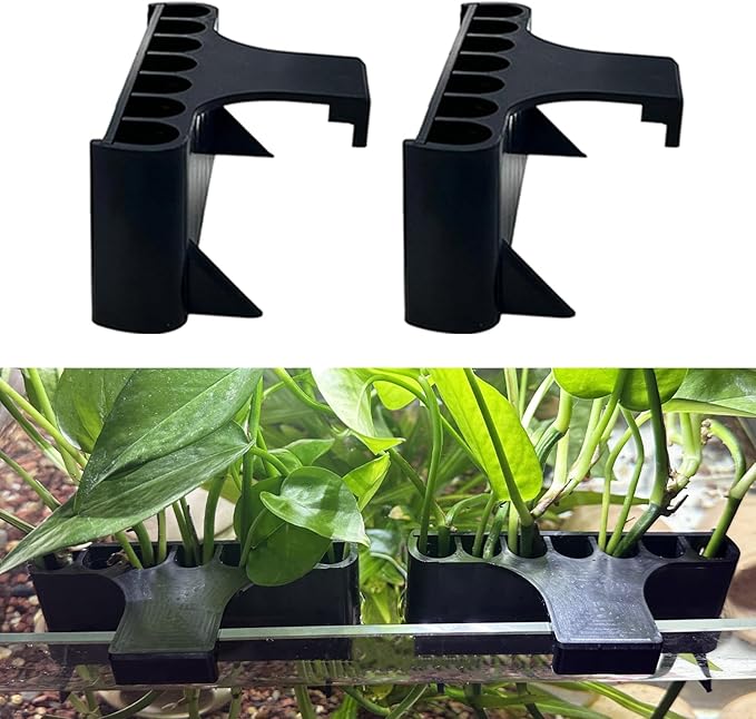 2 Pack Hanging Aquarium Plant Holder – 7-Hole Fish Tank Plant Pot for Pothos & Aquatic Plants, Floating Plant Corral, Aquascape Decor, Rim Plant Holder (Black)