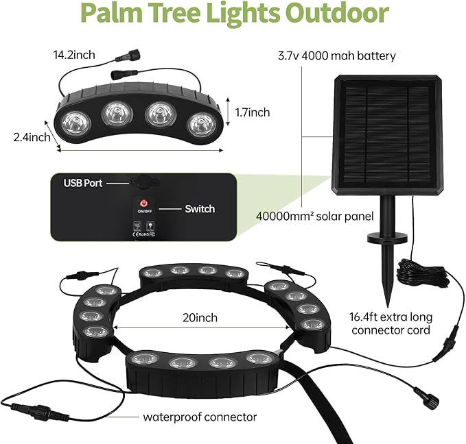Sublume Solar Tree Lights Outdoor, Palm Tree Lights, Large Solar Panel with 4000mAh Battery, Ring Warm White LED Uplights for Tree, 3-in-1 (Stake/Tie/Hang), IP65 Waterproof, Tree Spotlights for Garden