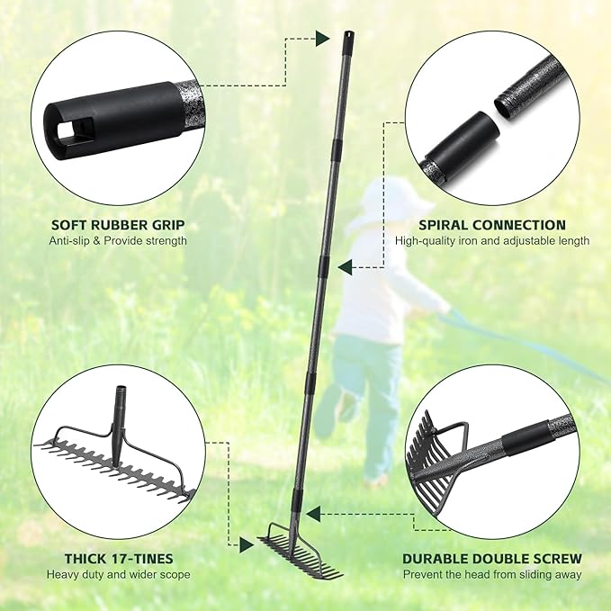 63'' Bow Rake Heavy Duty Garden Rake with Stainless Steel Handle, Tines Metal Head Rake Tool for Loosening Soil Gathering Leaf Leveling Lawn Farming Land Management Yarn Thatch Rake