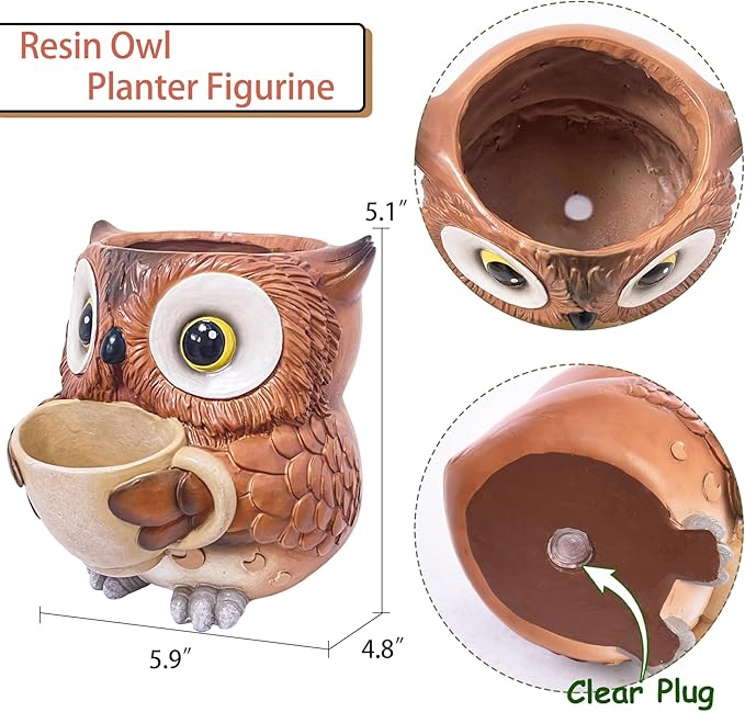 Saysmile Unique Owl Plant Pots Indoor, Cute Small Succulent Pots with Drainage Hole, Watering Owl Planters for Indoor Outdoor Plants, Resin Flower Pot for String of Pearls, Gift Ideas for Mother