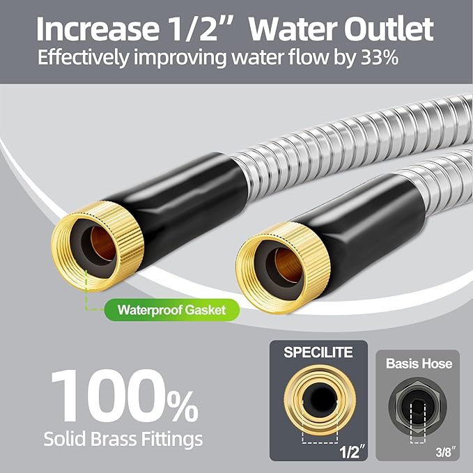 SPECILITE 15FT Short Garden Hose, 1/2" 304 Stainless Steel Leader Hose with Female to Female Brass Fittings, Flexible, Heavy-Duty & Never Kink, Water Pipe for Yard, Outdoor, Lawn
