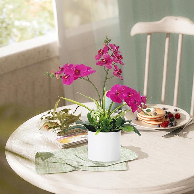 Garvee Real Touch Silk Phalaenopsis Orchid Artificial Flowers - 3 Stems Faux Orchid Bough with Vase, Lifelike Large Fake Flowers in Pot for Home Decor Living Room Bedroom Office Tabletop