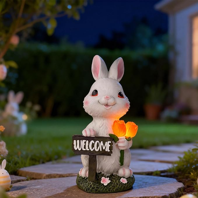 BeePeep Solar Easter Rabbit Garden Statue with LED Lights - Waterproof Resin Bunny Figurine Outdoor Decor for Yard, Patio & Lawn - Unique Hand-Painted Birthday, for Mom & Grandma (9 Inch)