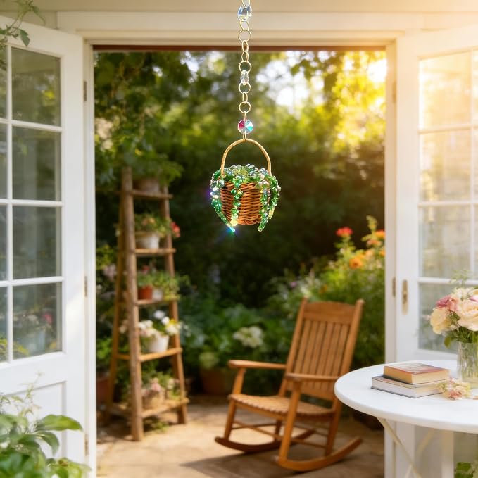 Bling Suncatcher String of Beads Plant Hanging Basket, Cute Handcrafted Crystal Succulent Sun Catchers for Window Hanging, Shiny Garden Crystal Sun Catcher Plant Lover Gift Mom Gifts (Green)