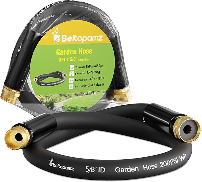 Short Garden Hose 3 ft x 5/8 in Male to Female Heavy Duty Small Water Hose Extender Connector, Lightweight Rubber Hybrid Leader Hose, Leak-Free Connections, 3/4'' Brass Fittings, Black