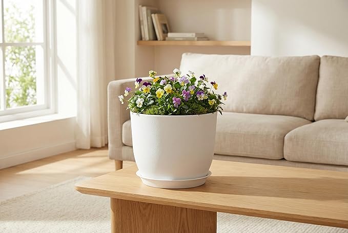 8 Inch Plant Pots Set of 2, Plastic Planters with Drainage Holes and Tray, Flower Pots for Indoor Outdoor Plants and Flowers (White)