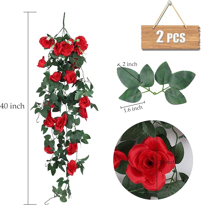 RECUTMS Artificial Hanging Rose Flowers for Outdoors 2PCS 3.3Ft Rose Vine Garlands for Decoration Artificial Hanging Plants for Home Living Room Garden Wedding Indoor Outside Decor