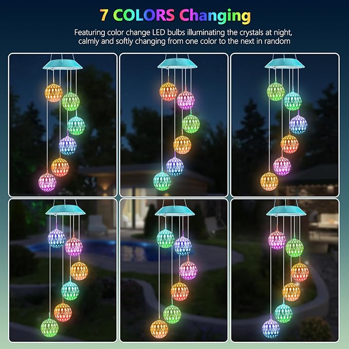 Toodour Solar Wind Chime, Color Changing Moroccan Ball Wind Chimes, LED Decorative Mobile, Gifts for Mom, Waterproof Outdoor Decorative Lights for Garden, Patio, Party, Yard, Window Outdoor Decor