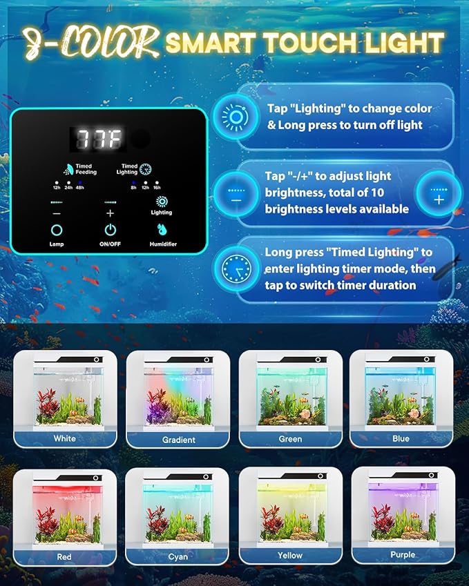 Vehipa Fish Tank, Smart Fish Aquarium Kit 4.2 Gallon with Auto Feeder, 4-in-1 Silent Pump, Adjustable Lighting, Temperature Display & Humidifier for Desktop, Office, Room