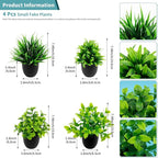 4 Pack Fake Plants Small Artificial Potted Plants for Home Office Desk Decor, Mini Faux Greenery with Black Pots, Assorted Artificial Grass & Leaf Plants for Indoor Shelf Bathroom Kitchen Decoration