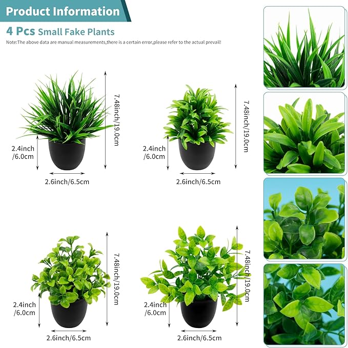 4 Pack Fake Plants Small Artificial Potted Plants for Home Office Desk Decor, Mini Faux Greenery with Black Pots, Assorted Artificial Grass & Leaf Plants for Indoor Shelf Bathroom Kitchen Decoration