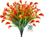 TURNMEON 20 Bundles Calla Lily (400 Heads) Artificial Flowers for Outdoors UV Resistant, Fake Faux Plastic Fake Flowers Plants for Indoor Yards Planter Home Porch Spring Fall Summer Decor(Orange Red)