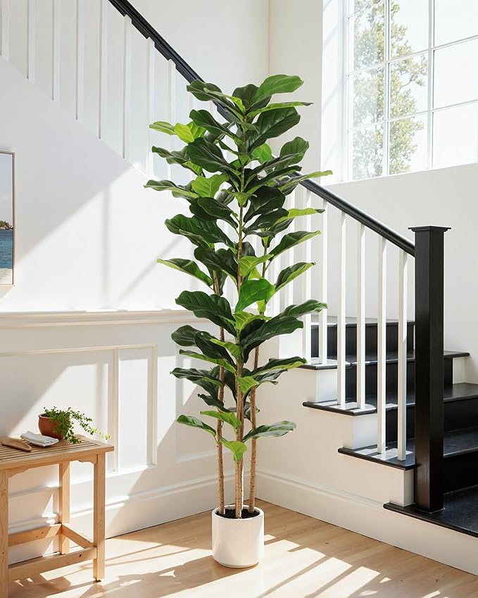 Fiddle Leaf Fig Tree, 6FT Faux Trees Indoor,Tall FakeTree with Decorative planters,Natural Wood Trunk & Realistic Fiddle Leaf, Artificial Plants for Home Office, Living Room, Outdoor