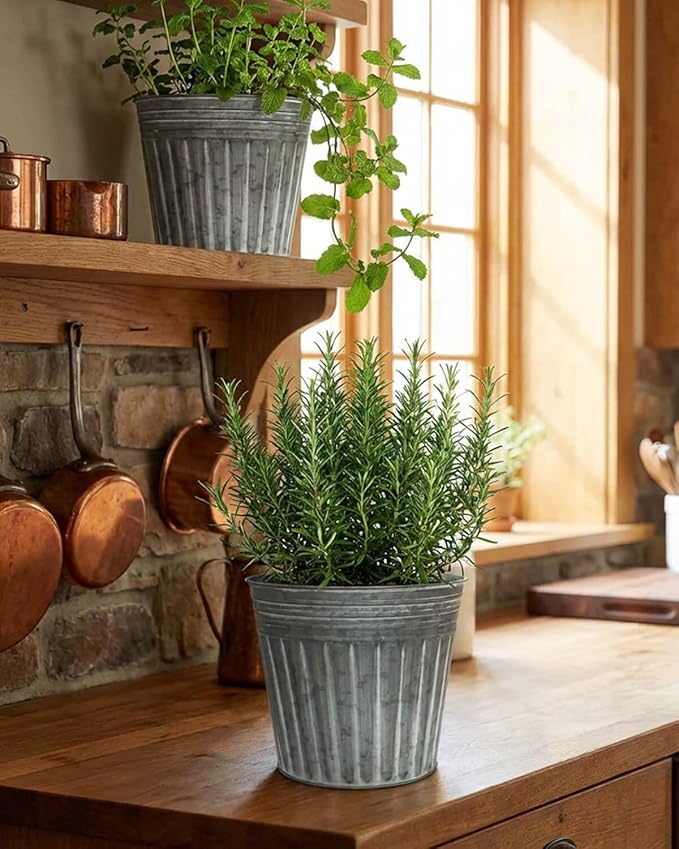 vensovo 8 Inches Silver Metal Rustic Plant Pots - 4 Pcs Large Galvanized Planters with Drain Hole and Rubber Plug, Rustproof Tin Bucket Flowerpot for Indoor Plants Farmhouse Vintage Style for Decor