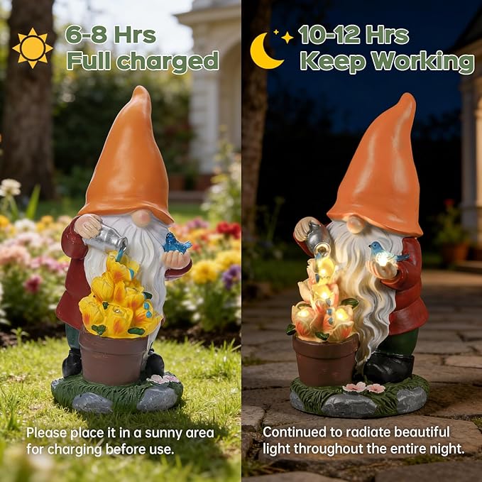 Solar Gnome Statue Outdoor Decor for Mother's Day,Gnome Figurines with Flower LED Light for Garden Decorations for Patio Lawn Balcony Fairy Gardens,Housewarming Gifts for Women Mom