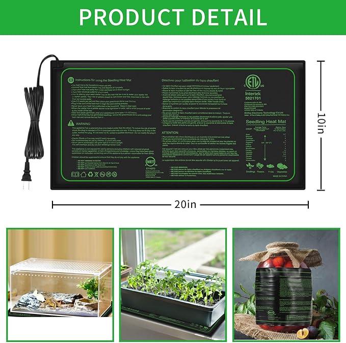 2PK Seedling Heat Mat with ETL Listed,Warm Hydroponic Heating Pad for Seed Starting,Indoor Gardening,Brewing and Greenhouses,Durable Waterproof Black Plant Heat Mat Works with 20"x10" Gardening Tray