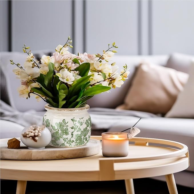 4.7" Small Ceramic Plant Pot Beige Green Vintage Floral Crackle Glaze Rustic Flowers Pot Decorative Planter with Drainage for Indoor Outdoor Plants Home Kitchen Office Decor Gift