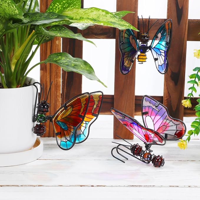 Totority Metal Butterfly Plant Pot Hangers 3Pcs Decorative Glass Flower Pot Hugger Figurines - Unique Outdoor Planter Ornaments & Indoor Garden Art Accessories - Stained Glass Style Present