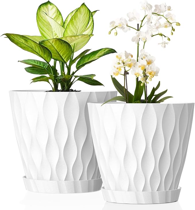 UOUZ 8 Inch Plant Pots, 2 Pack Plastic Planters for Indoor Outdoor with Drainage Holes & Saucers, Waffle Texture Flower Pots for Indoor Plants, Indoor Plant Pots for Monstera, Fiddle Leaf Fig, White