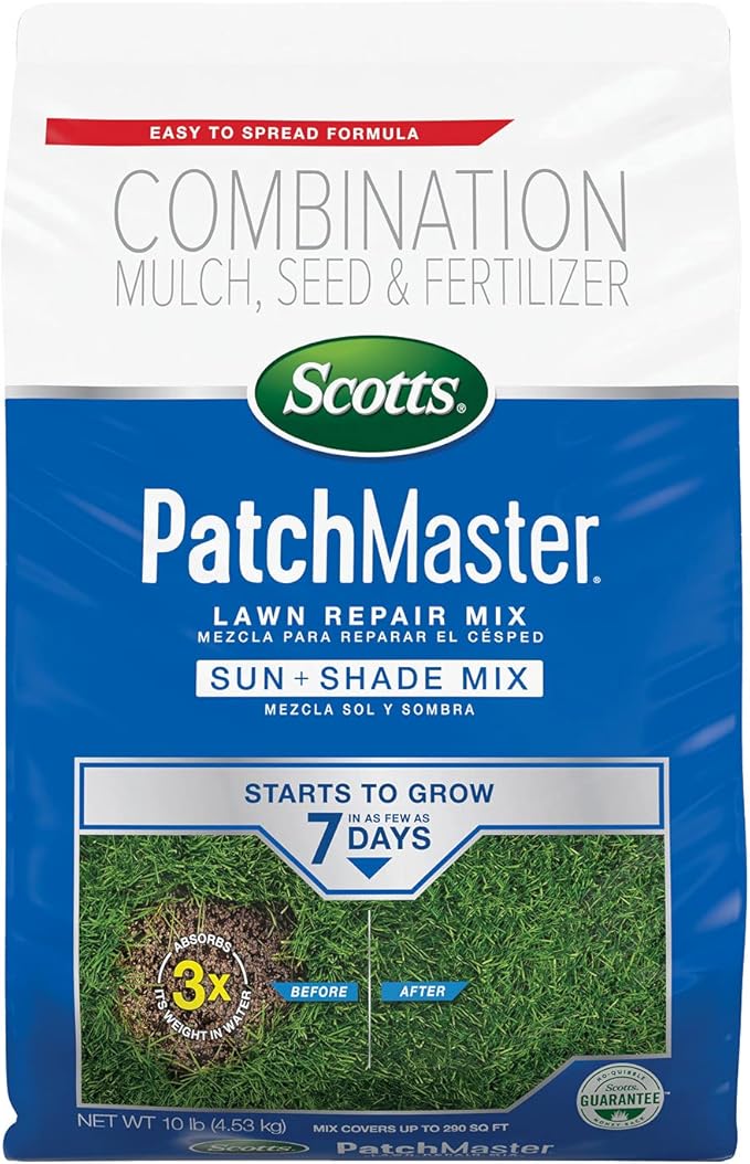Scotts PatchMaster Lawn Repair Mix Sun + Shade Mix - Combination Grass Seed, Grass Fertilizer, and Mulch, Lawn Patch Repair, 10 lb.