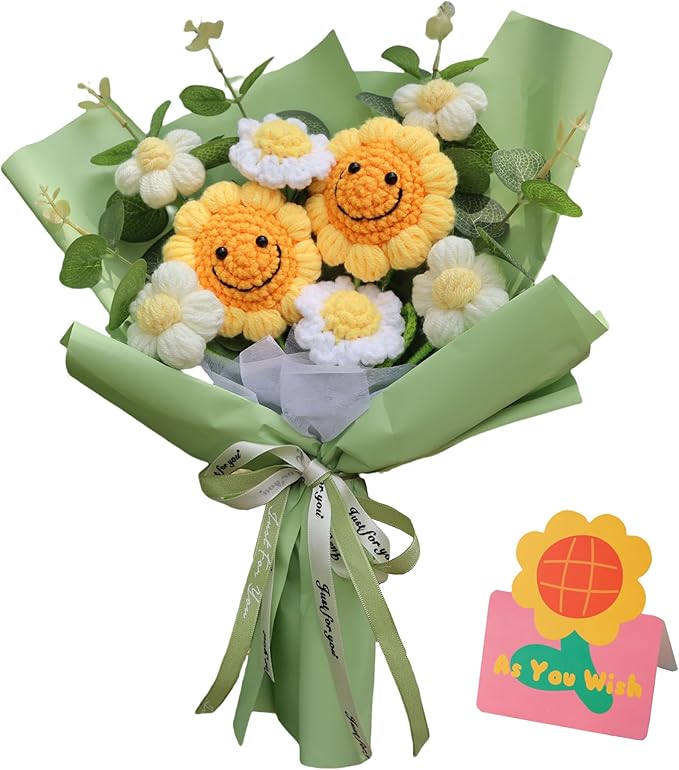 Crochet Flower Bouquet Handmade Knitted Sunflower Artificial Bouquet Positive Crocheted Sunflowers Bouquet with Exquisite Wrap for Valentine Mother's Day Graduation Anniversary (Green)